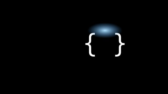 Minimalist coding syntax brackets and circle animation on 4k black background, programming curly braces