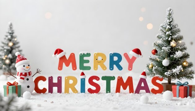 Whimsical Christmas scene with snowman, trees, and festive lettering