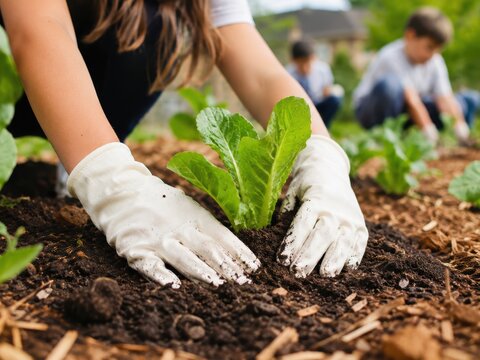Gardening with Kids: A close-up shot shows a child's gloved hands carefully planting a seedling in fertile soil, with other children and greenery in the background.