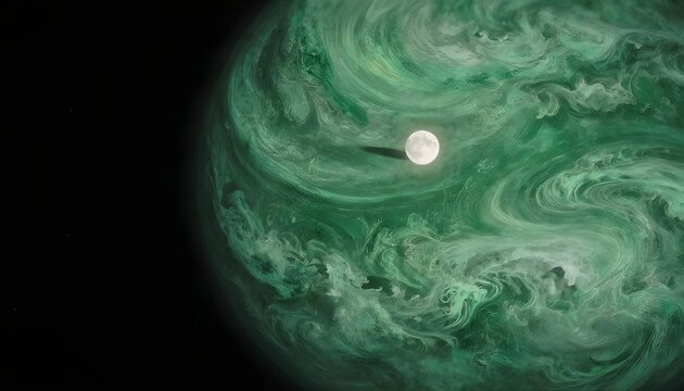 A luminous moon hangs above a swirling green planet with gaseous clouds