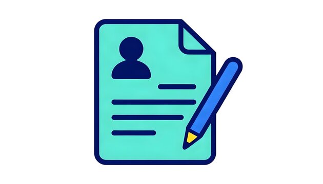 Stylized icon of a document with a silhouette and a pen for writing