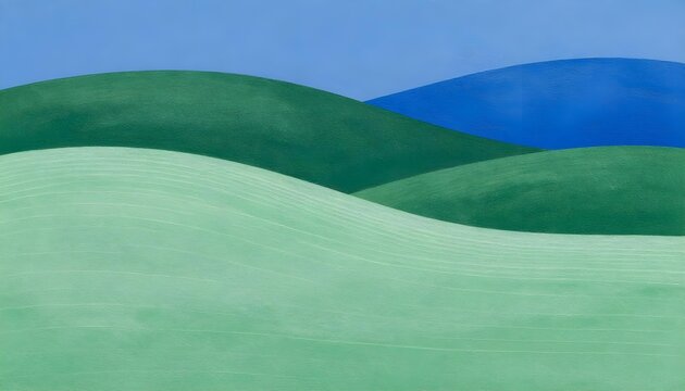 Minimalist abstract landscape painting with rolling green hills and blue sky