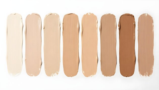 Eight swatches of foundation makeup showing a range of skin tones from light to dark