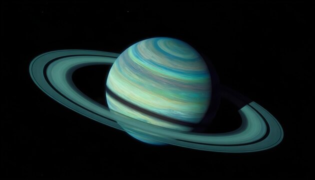A vibrant gas giant planet with swirling blue and green atmospheric bands and prominent rings