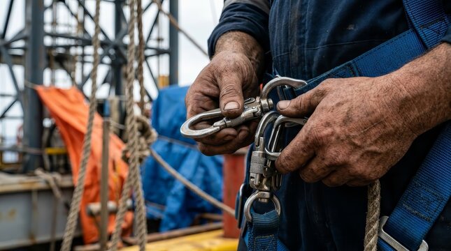 Rope access technician performing a fall protection equipment check.