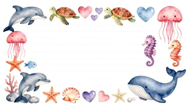 Charming watercolor collection of marine life and hearts, perfect for invitations
