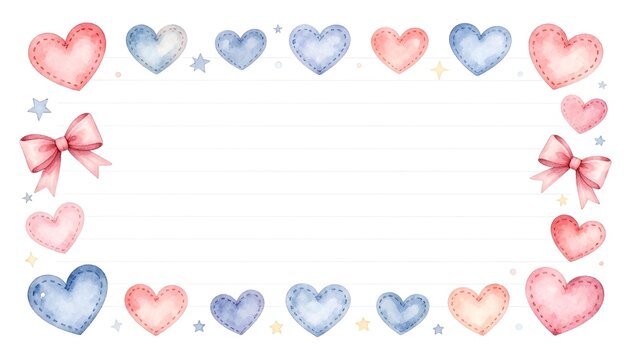 Cute watercolor hearts and bows frame a stationery page with lines