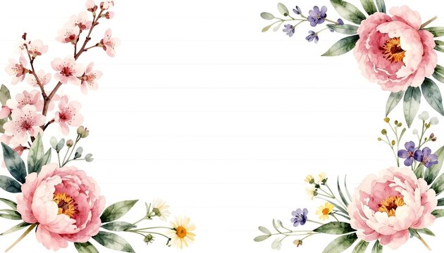 Delicate watercolor floral border with pink peonies and cherry blossoms