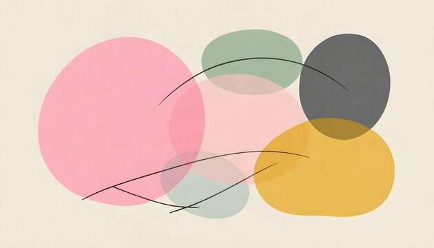 Abstract composition with overlapping circles and thin black lines on a cream background