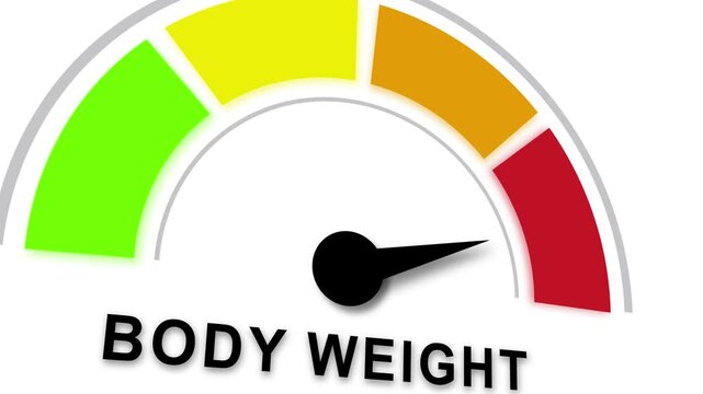 Dynamic body weight gauge meter animation showing health progress and fitness tracking metrics for medical, wellness, nutrition, and weight loss programs with smooth needle movement on a colorful
