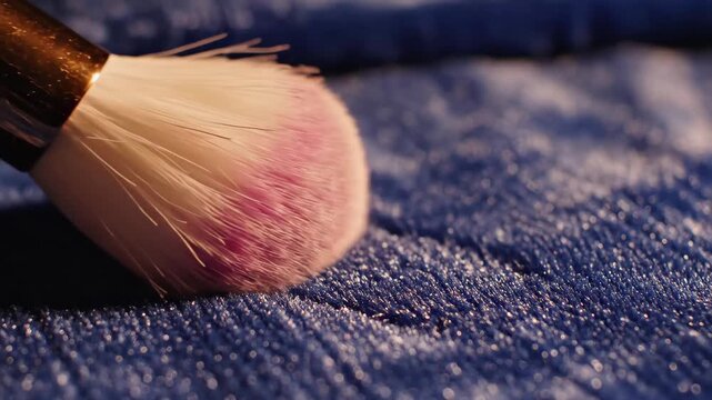 Makeup brush touching blue velvet fabric. Cosmetic tool moving across textured textile. Beauty salon equipment for applying powder. Close up of professional tool.