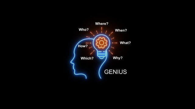 Genius mind concept with neon lightbulb and gear animation for creative thinking, problem solving, and business innovation