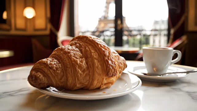 Croissant and cup of coffee on table in cafe with view of Eiffel Tower. French breakfast in city center. Travel tourism and culinary food vacation concept.