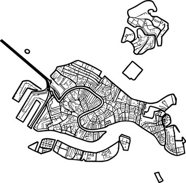 Stylized map of Venice, Italy, showing canals and islands in black and white