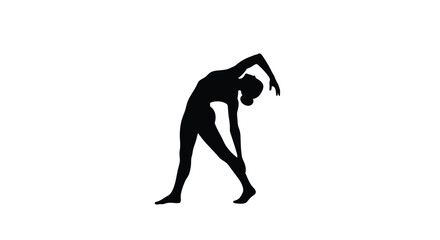 A striking silhouette of a woman performing a deep side bend yoga pose on a white background © grvect02