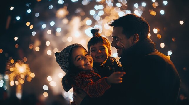 Father hugs his two young daughters while fireworks illuminate the dark night sky.