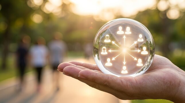 Conceptual image of a glass sphere reflecting people and the text 'Pay It Forward' held in a hand.