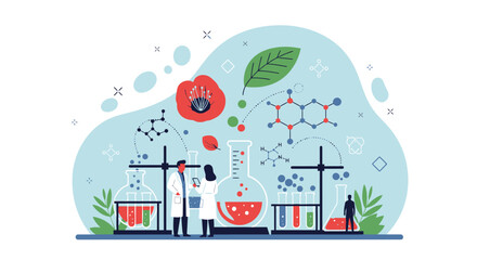 Naklejka premium Scientists conduct research involving botanical elements and complex chemical structures in a modern laboratory setting