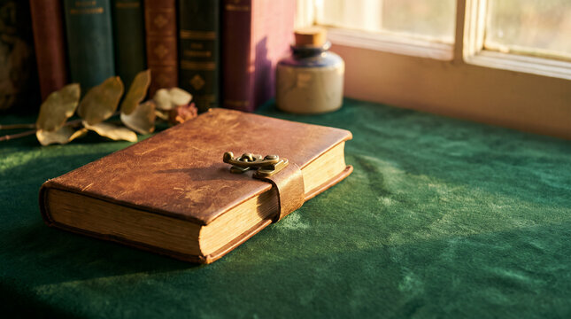 Vintage leather bound journal with brass lock clasp on green velvet tablecloth near sunny window with copy space