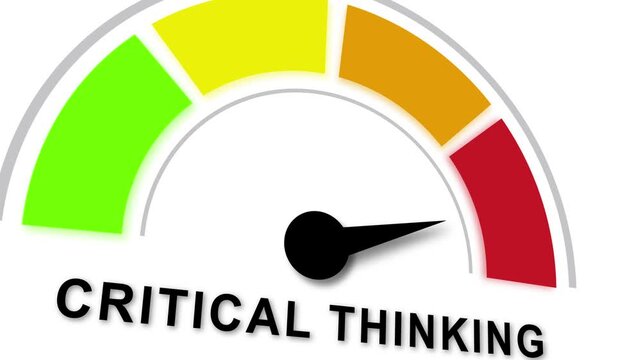 Dynamic critical thinking gauge animation featuring a moving needle pointing towards performance levels, representing analytical skills, cognitive assessment, intellectual growth, and strategic