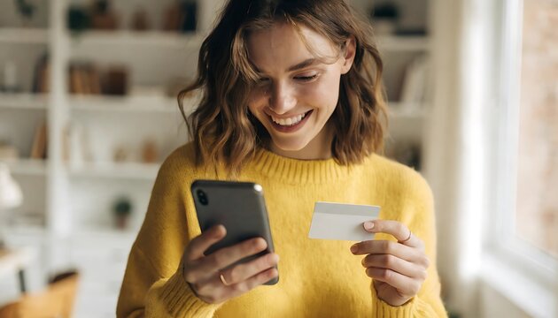 Woman shopping online with smartphone and credit card. Female making secure digital payment.