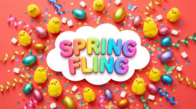 Colorful Easter celebration background with yellow chicks, chocolate eggs, and spring fling text.