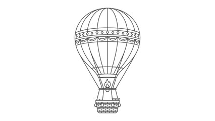 Hot Air Balloon Outline: A classic hot air balloon with a decorative band and a woven basket, presented as a clean line drawing. © MahfujaSultana