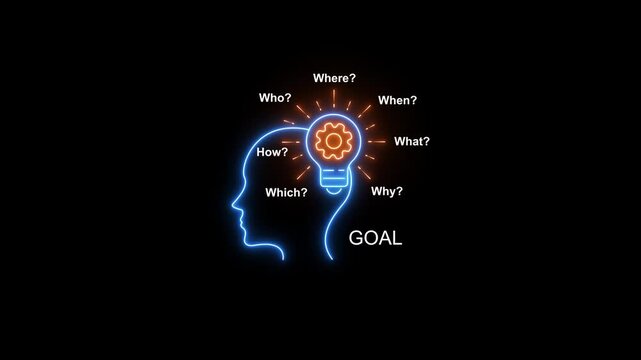 Neon brainstorming concept: human head silhouette with lightbulb idea and strategic planning questions