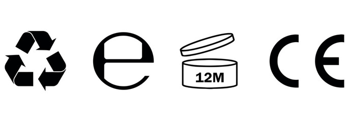 Set of essential cosmetic packaging symbols including recycling, estimated weight and expiry date. © Akram