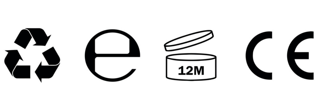 Set of essential cosmetic packaging symbols including recycling, estimated weight and expiry date.