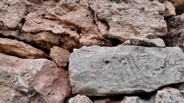 Ancient stone wall with weathered, rustic texture. Weathered stone structure frames distant greenery. Sunlit wall reveals aged craftsmanship and history. Ideal for heritage, architecture