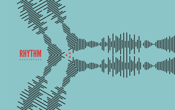 Abstract rhythmic graphic flow. Dynamic movement and symmetry. Digital visualization of a sound wave signal. Rhythmic energy. Big data. Vector for a brochure, poster, cover, presentation, or banner.м