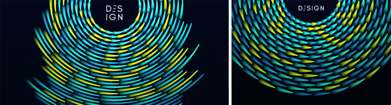 Bright light trails swirl. Dynamic motion. Big data. Particle flow. Science and technology. Concentric circle. Glow and color transition effects. Vector for brochure, poster, cover, presentation.