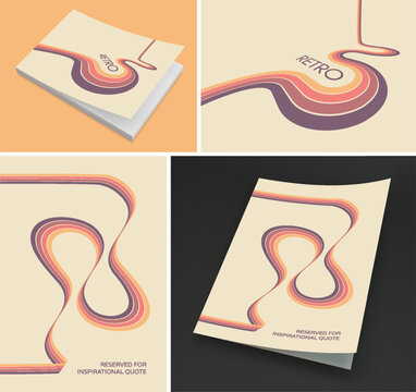 Softcover book layout. Cover design template. A retro 1970s-style background. Colorful lines. Dynamic curved ribbons. Copy space. Vector illustration for brochure, cover, notebook or notepad.