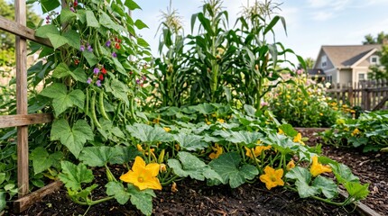 Obraz premium Lush summer garden showing the three sisters companion planting technique of corn, peas, and squash.