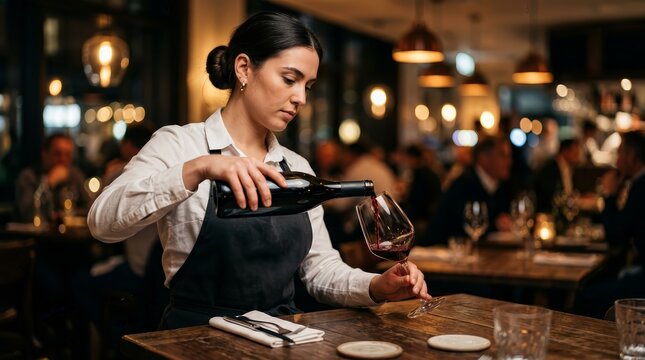A focused female sommelier serving red wine for guests at a fine dining establishment.