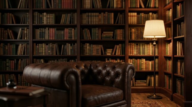 A cozy dark academia library with a blurred bookshelf background perfect for study or virtual meetings