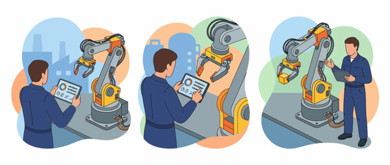Fototapeta premium Smart Factory Worker Controlling Robotic Arm with Tablet Isometric