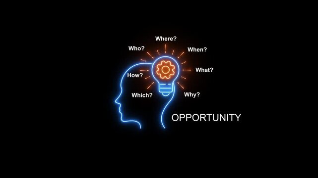 Neon brainstorming concept: creative thinking, problem solving, and business opportunity infographic