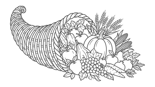 Cornucopia of Harvest Bounty: An intricate black and white illustration depicts a woven cornucopia overflowing with a rich variety of autumnal produce, symbolizing abundance and thanksgiving.