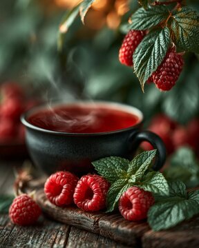 Warm tea steams beside fresh raspberries