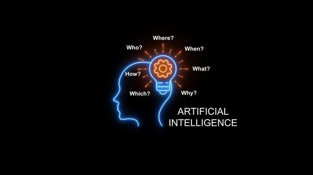 Artificial intelligence concept with neon human head and glowing lightbulb gear machine learning deep learning