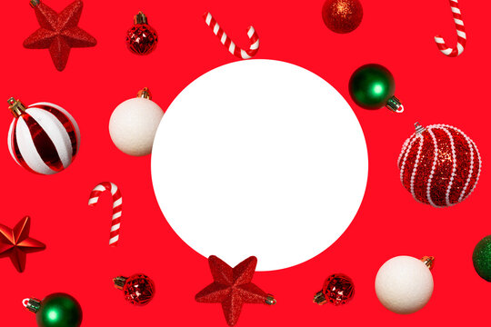 Festive Christmas background with a large white circular frame, ornaments, stars and candy canes. Ideal for cards, banners, invitations, social media and holiday advertising.