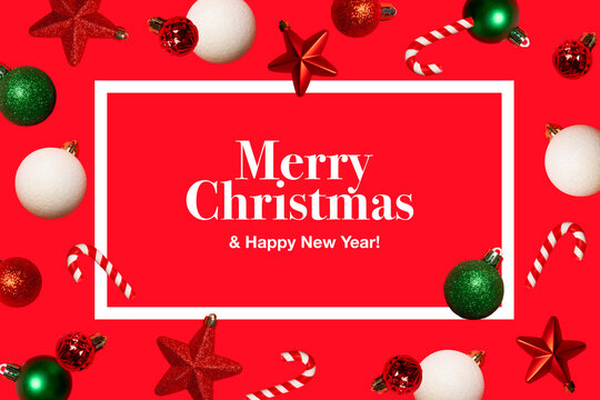 Festive Christmas greeting card with a red message panel, white border, ornaments, stars and candy canes. Ideal for invitations, banners, social media and holiday advertising.