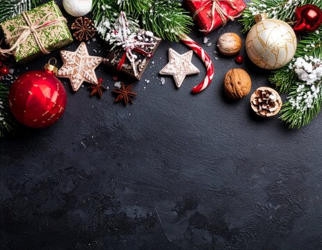 Weihnachtlicher Hintergrund mit Tannenbaumzweigen, Kugeln und Geschenken am oberen Bildrand f&uuml;r festliche Werbung und Gru&szlig;karten im Winter&uuml;
