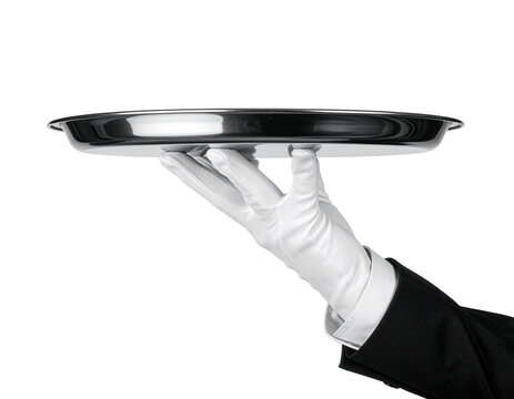 Hand im wei&szlig;en Handschuh mit Serviertablett isoliert auf transparentem Hintergrund