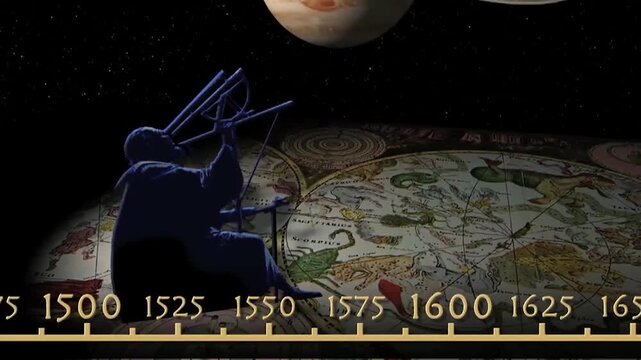 Historical astronomer observing the night sky using an ancient astrolabe over a vintage celestial star map