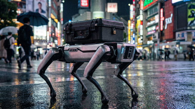 Advanced quadruped delivery robot carrying a secure package on its back while walking down a modern cyberpunk city street. Neon lights reflect upon its sleek metallic body