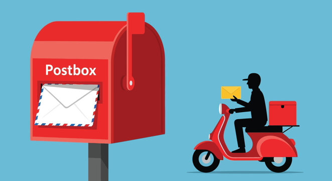 A silhouetted delivery person on a scooter delivers mail to a classic red postbox