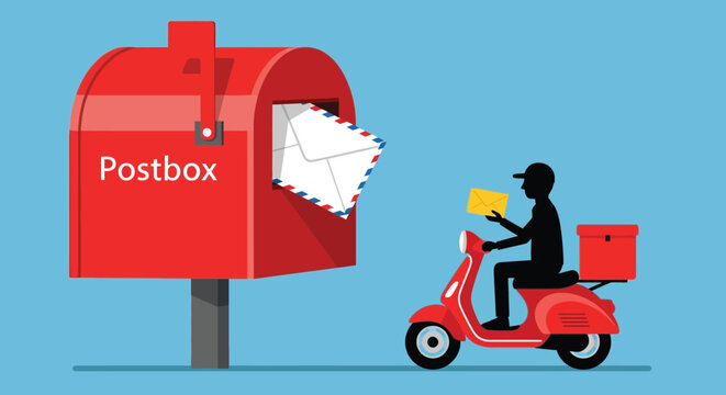 A red postbox stands as a delivery person on a scooter approaches with mail